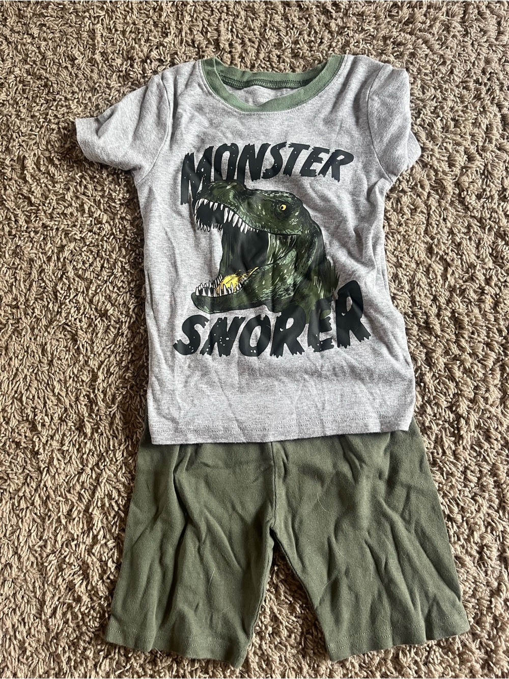 Carter's Gray Tee with Green Dino Graphic & Olive Shorts Pajama Set